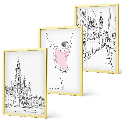 Set of 3 framed wall art pieces featuring stylish ballerinas and architecture