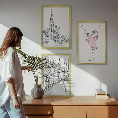 Set of 3 framed wall art pieces featuring stylish ballerinas and architecture