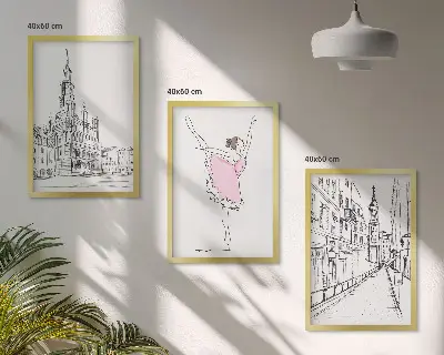 Set of 3 framed wall art pieces featuring stylish ballerinas and architecture