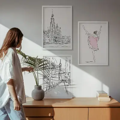 Set of 3 framed wall art pieces featuring stylish ballerinas and architecture