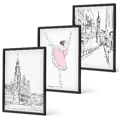 Set of 3 framed wall art pieces featuring stylish ballerinas and architecture