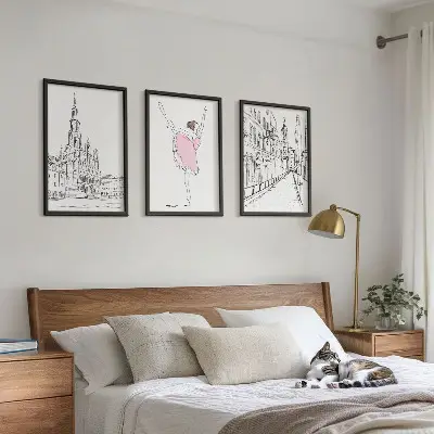 Set of 3 framed wall art pieces featuring stylish ballerinas and architecture