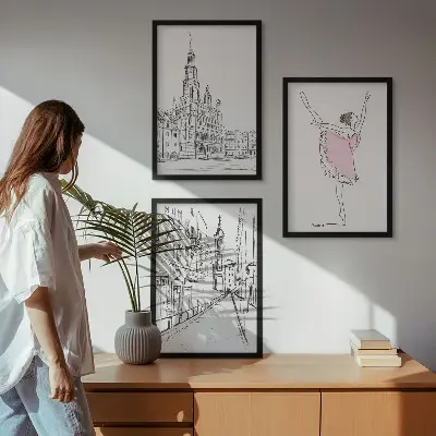 Set of 3 framed wall art pieces featuring stylish ballerinas and architecture