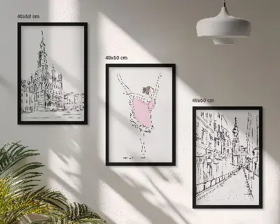 Set of 3 framed wall art pieces featuring stylish ballerinas and architecture