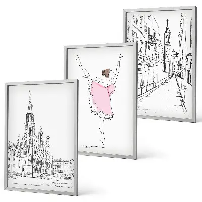 Set of 3 framed wall art pieces Stylish ballerinas and architecture