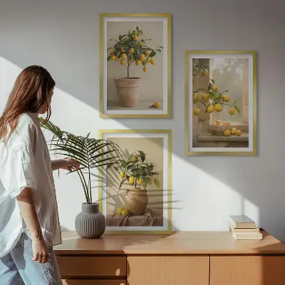 Three-piece lemon tree wall art set potted lemon trees