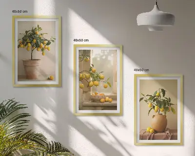 Three-piece lemon tree wall art set potted lemon trees