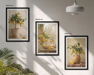 Three-piece lemon tree wall art set potted lemon trees