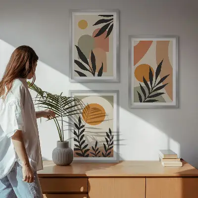 Set of 3 framed wall art pieces Abstract plant shapes