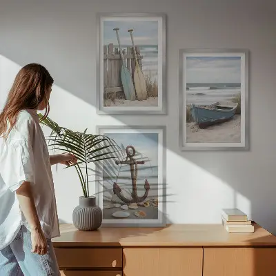 Wall art set coastal beach boat anchor and sand theme