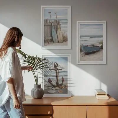 Wall art set coastal beach boat anchor and sand theme