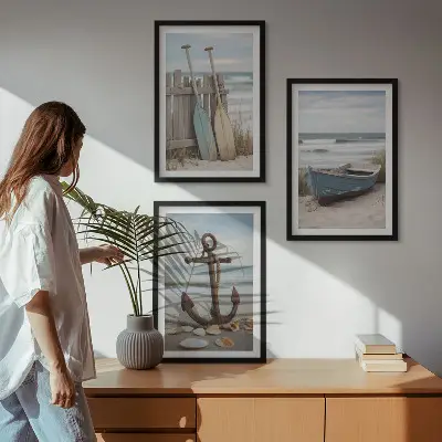 Wall art set coastal beach boat anchor and sand theme