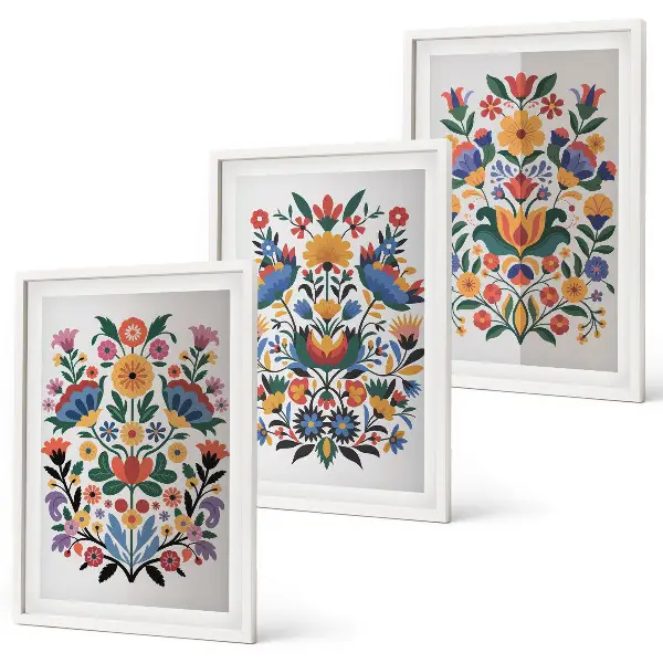 Set of 3 framed wall art pieces featuring colorful floral patterns