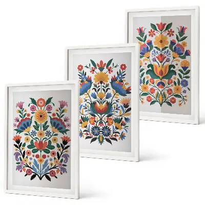 Set of 3 framed wall art pieces featuring colorful floral patterns