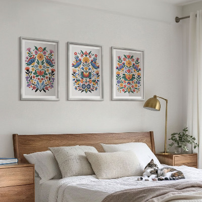 Set of 3 framed wall art pieces Floral patterns in intense colors