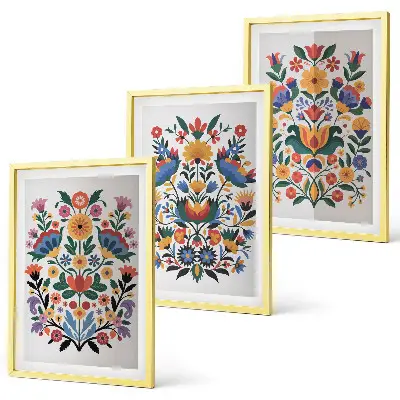Set of 3 framed wall art pieces featuring colorful floral patterns