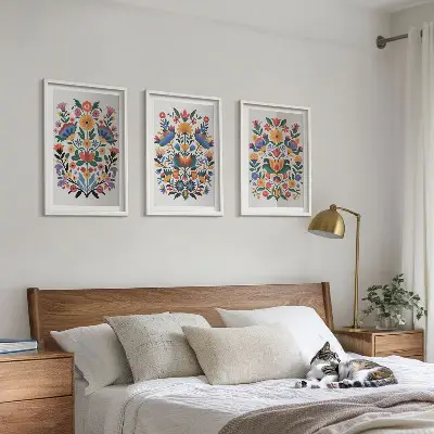 Set of 3 framed wall art pieces featuring colorful floral patterns