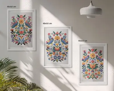 Set of 3 framed wall art pieces featuring colorful floral patterns