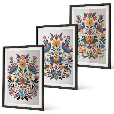 Set of 3 framed wall art pieces featuring colorful floral patterns