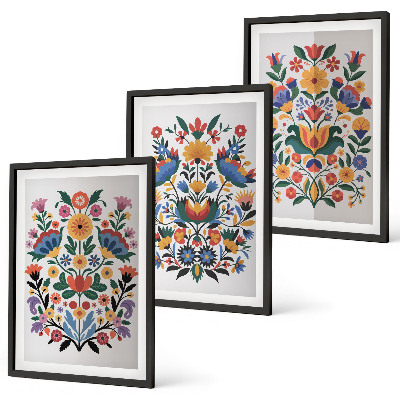 Set of 3 framed wall art pieces Floral patterns in intense colors