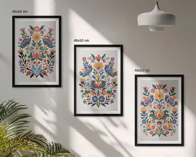 Set of 3 framed wall art pieces featuring colorful floral patterns