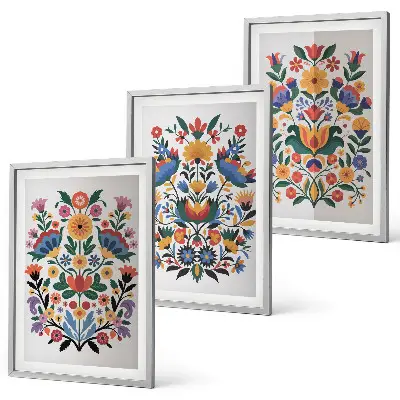 Set of 3 framed wall art pieces featuring colorful floral patterns