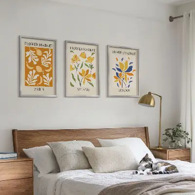 Three-piece floral wall art set featuring Paris, Milan, and London designs
