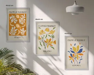 Three-piece floral wall art set featuring Paris, Milan, and London designs