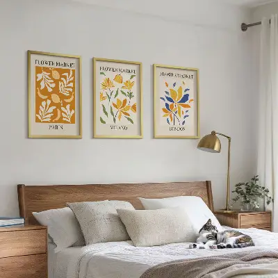 Three-piece floral wall art set featuring Paris, Milan, and London designs