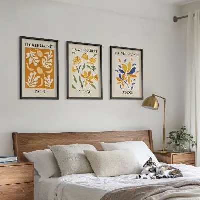 Three-piece floral wall art set featuring Paris, Milan, and London designs