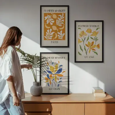 Three-piece floral wall art set featuring Paris, Milan, and London designs