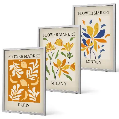 Three-piece floral wall art set featuring Paris, Milan, and London designs