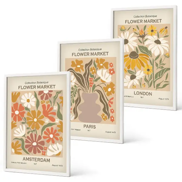 Set of 3 framed wall art pieces featuring floral patterns of Amsterdam, Paris, and London