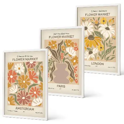 Set of 3 framed wall art pieces featuring floral patterns of Amsterdam, Paris, and London