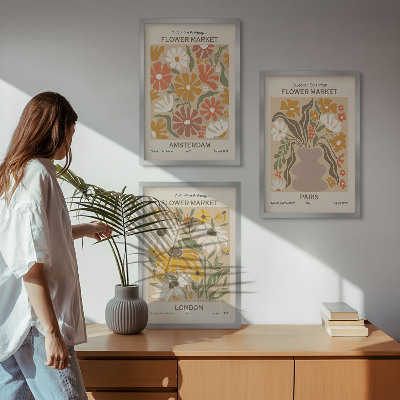 Set of 3 framed wall art pieces Floral patterns Amsterdam Paris London