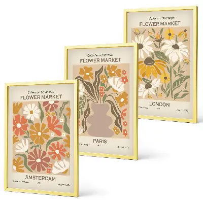 Set of 3 framed wall art pieces featuring floral patterns of Amsterdam, Paris, and London