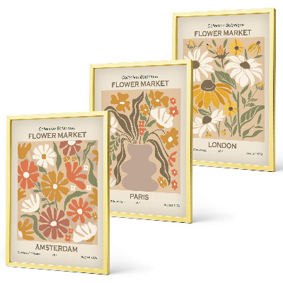 Set of 3 framed wall art pieces Floral patterns Amsterdam Paris London