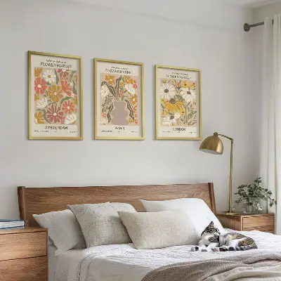 Set of 3 framed wall art pieces featuring floral patterns of Amsterdam, Paris, and London