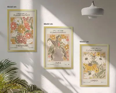 Set of 3 framed wall art pieces featuring floral patterns of Amsterdam, Paris, and London