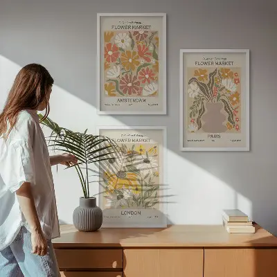 Set of 3 framed wall art pieces featuring floral patterns of Amsterdam, Paris, and London