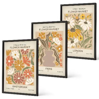 Set of 3 framed wall art pieces featuring floral patterns of Amsterdam, Paris, and London