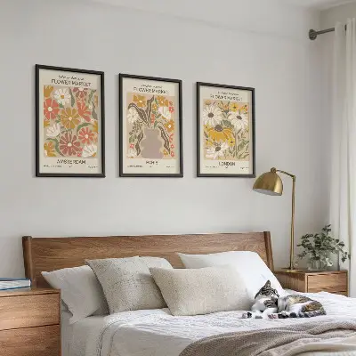 Set of 3 framed wall art pieces featuring floral patterns of Amsterdam, Paris, and London