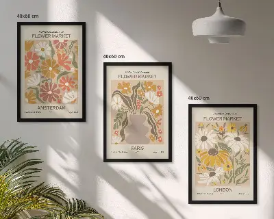 Set of 3 framed wall art pieces featuring floral patterns of Amsterdam, Paris, and London