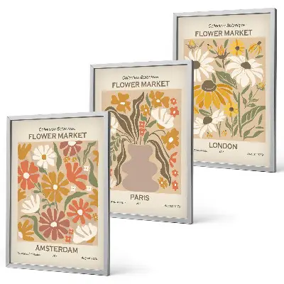 Set of 3 framed wall art pieces featuring floral patterns of Amsterdam, Paris, and London