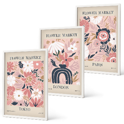 Wall art set Floral motifs Tokyo London Paris