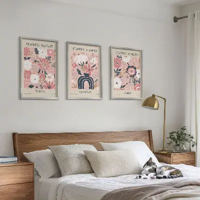 Wall art set featuring floral motifs of Tokyo, London, and Paris