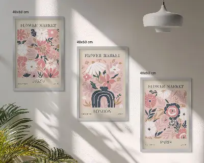 Wall art set featuring floral motifs of Tokyo, London, and Paris