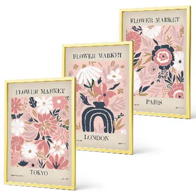 Wall art set featuring floral motifs of Tokyo, London, and Paris
