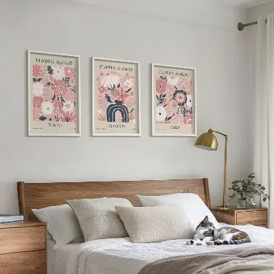 Wall art set featuring floral motifs of Tokyo, London, and Paris