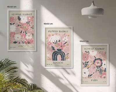 Wall art set featuring floral motifs of Tokyo, London, and Paris